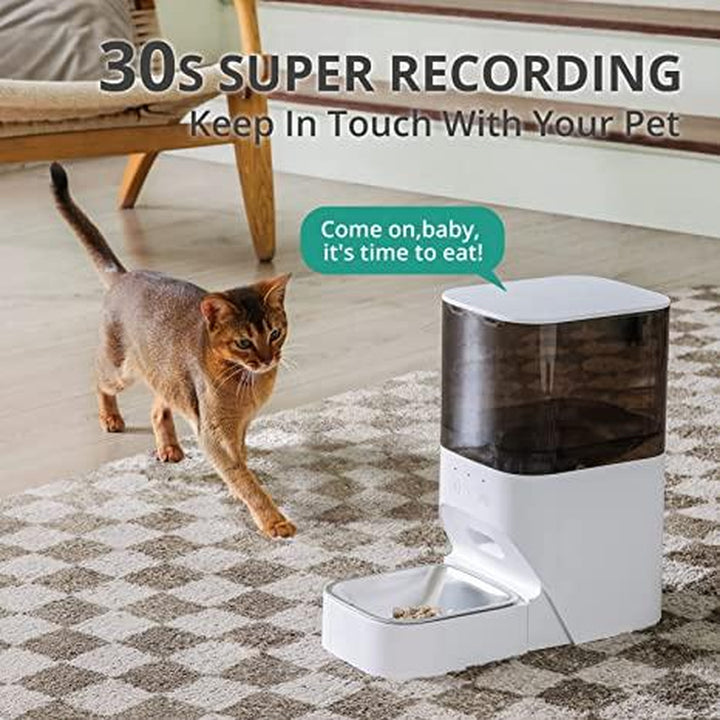 Fluffydream 4L Automatic Cat Feeder - APP Controlled, Voice Recorder, Wi-Fi Enabled, Stainless Steel Bowl, Pet Lock Safe, Dual Power - Perfect for Your Furry Friend!