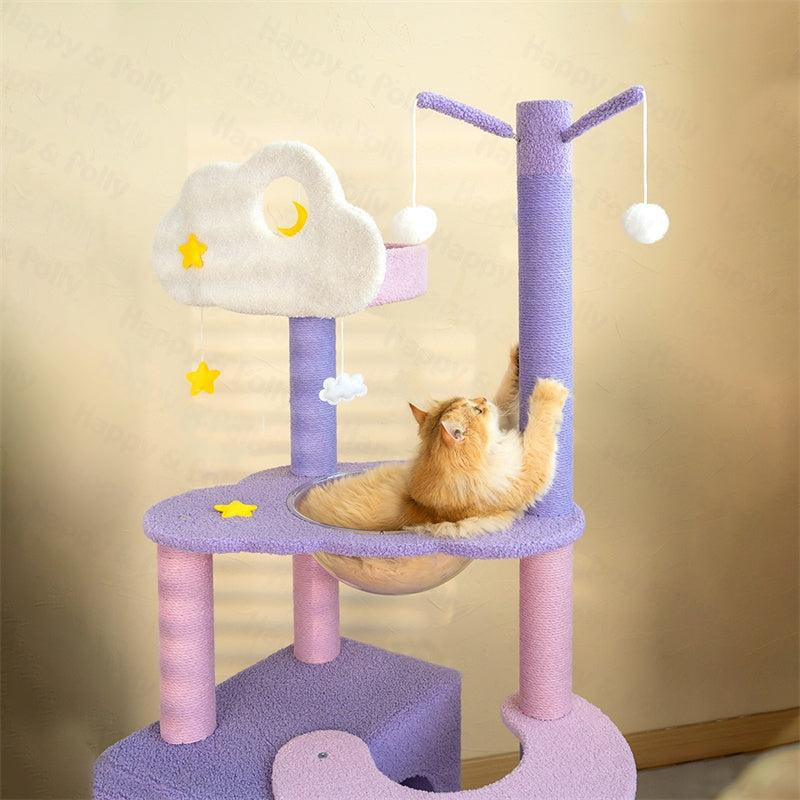 Petlife 65" Moonlight Deluxe Cat Tree Condo Jumbo, Multi-Color Purple, Multi-Level Platforms, Acrylic Hammock, Sisal Boards, Hanging Interactive Toys