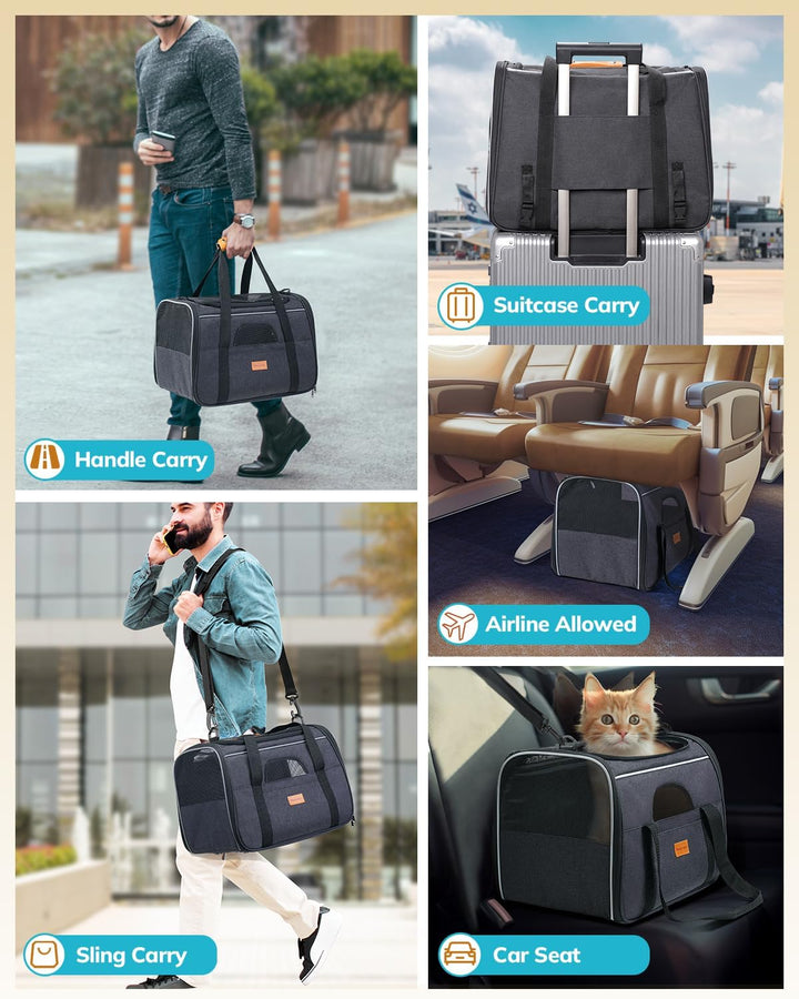 Premium Soft-Sided Cat Carrier for Large Cats & Puppies - Airline Approved, Safety Zippers, Foldable Bowl - Stylish Dark Gray