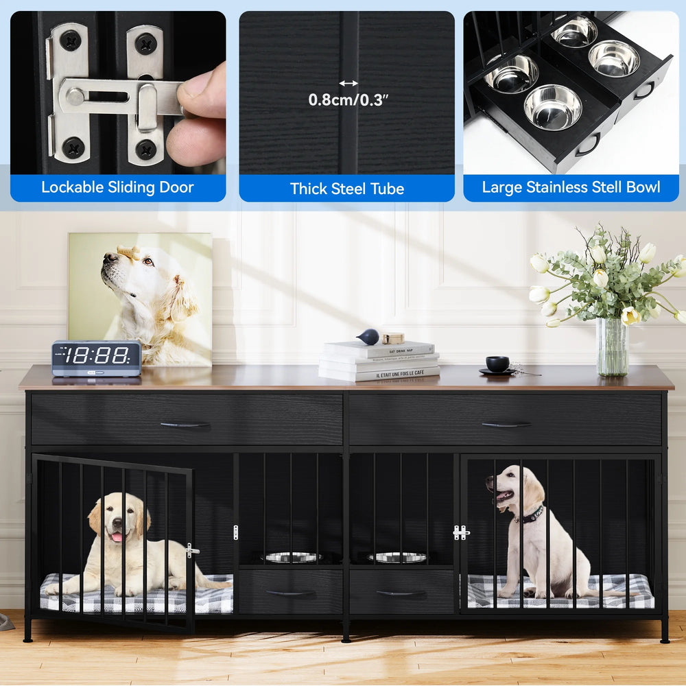 Stylish Double Dog Kennel Furniture with Storage & Feeder for Large Breeds - 74.8" Wooden TV Stand in Black