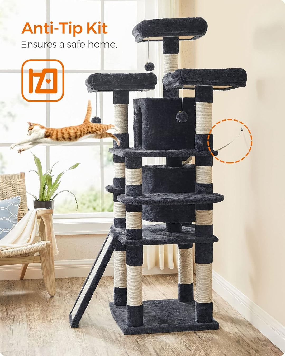 Luxurious 67-Inch Multi-Level Cat Tree for Large Cats - Cozy Perches & Sturdy Design in Smoky Gray