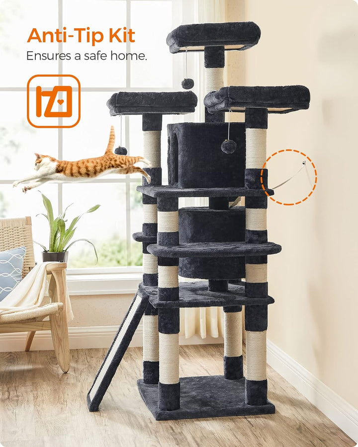 Luxurious 67-Inch Multi-Level Cat Tree for Large Cats - Cozy Perches & Sturdy Design in Smoky Gray