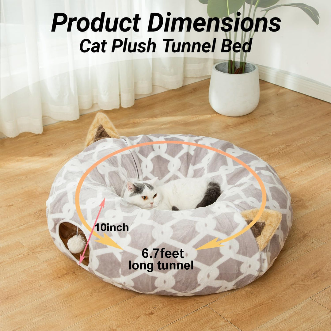 Cozy Cat Tunnel Bed with Plush Cover, Fluffy Toy Balls & Cushion - Flexible 3 Ft Design for Cats & Small Dogs - Stylish Gray Geometric Pattern