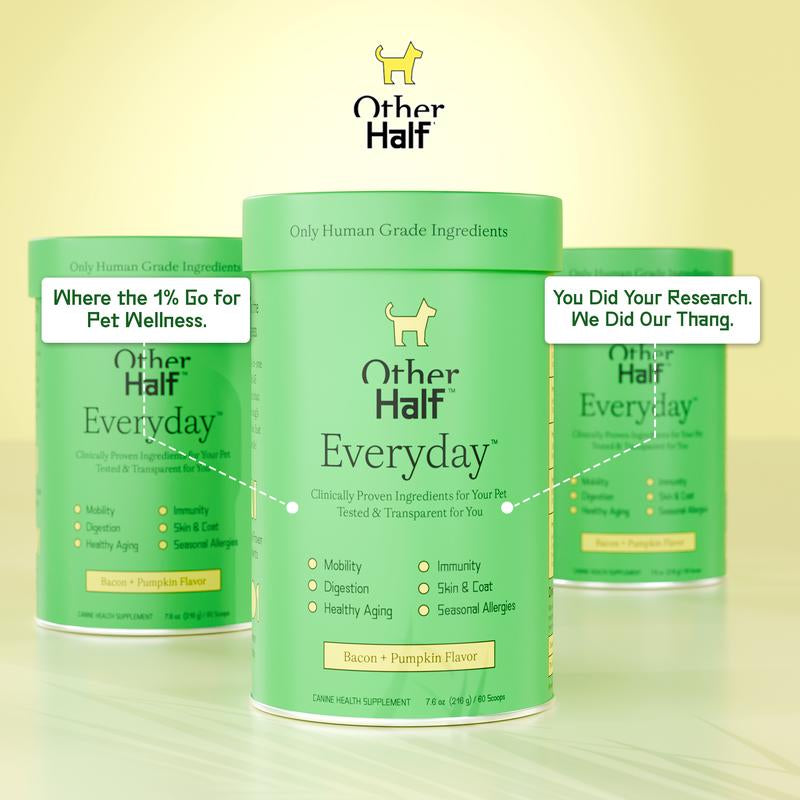Other Half Everyday - Clean Dog Multivitamin Supplement | 45 Active Ingredients for Hip & Joint Support, Gut & Immune Support and Skin & Seasonal Allergy Support - 60 Scoops Bacon & Pumpkin Flavor