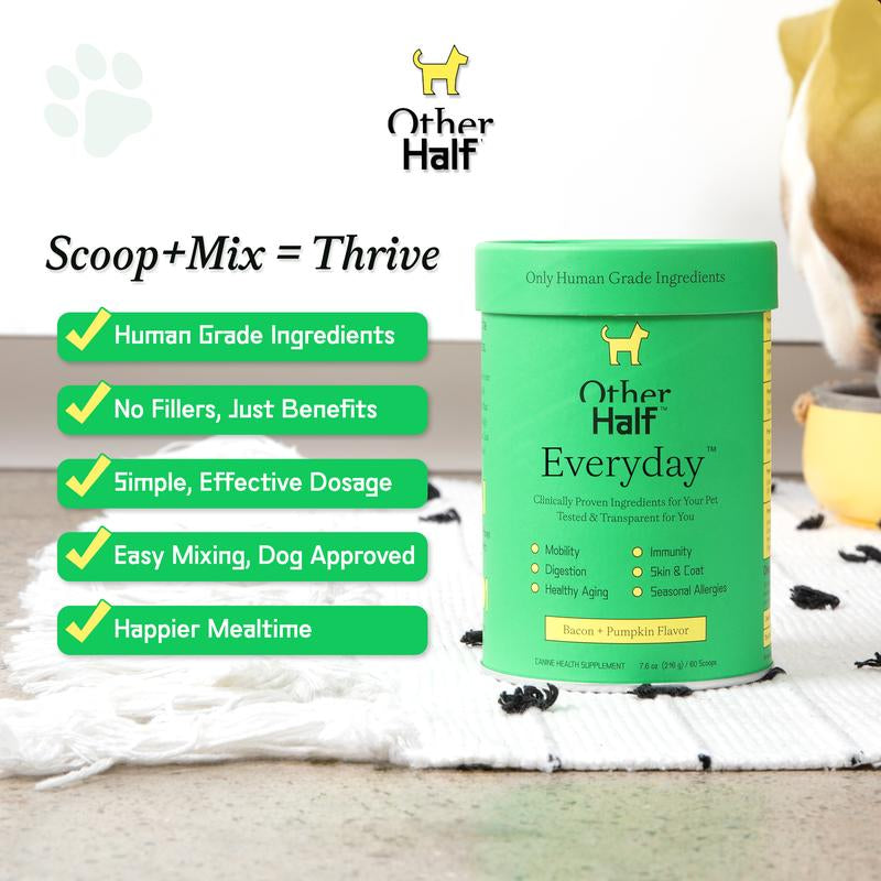 Other Half Everyday - Clean Dog Multivitamin Supplement | 45 Active Ingredients for Hip & Joint Support, Gut & Immune Support and Skin & Seasonal Allergy Support - 60 Scoops Bacon & Pumpkin Flavor