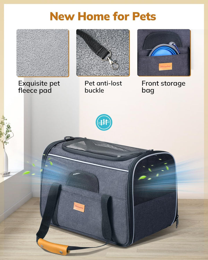 Premium Soft-Sided Cat Carrier for Large Cats & Puppies - Airline Approved, Safety Zippers, Foldable Bowl - Stylish Dark Gray