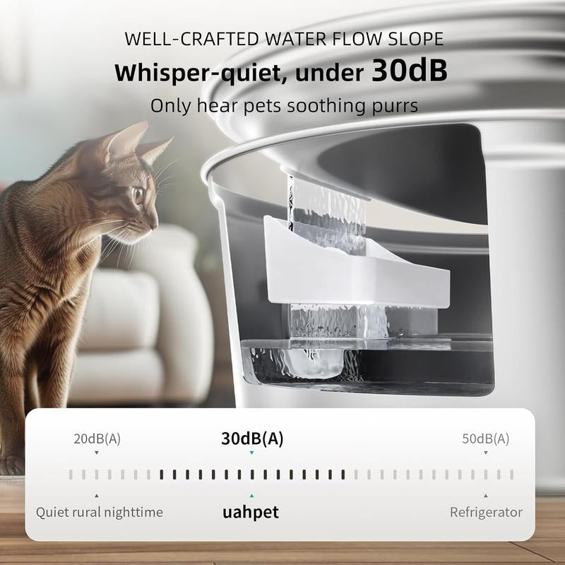 Uahpet Cordless Stainless Steel Cat Water Fountain - 67Oz/2L Easy-Clean Wireless Pet Water Dispenser