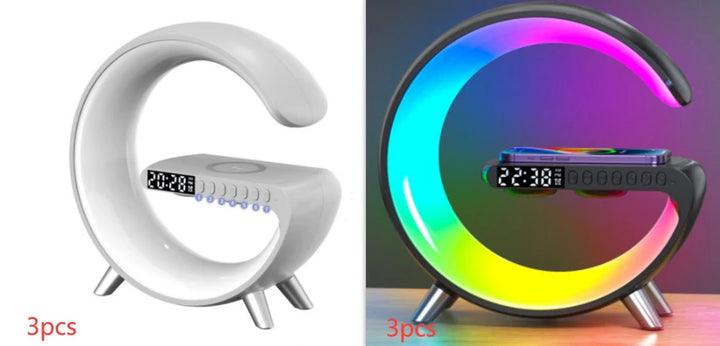 Smart G-Shaped LED Lamp with Bluetooth Speaker & Wireless Charger - App-Controlled Atmosphere Light for Bedroom & Home Decor
