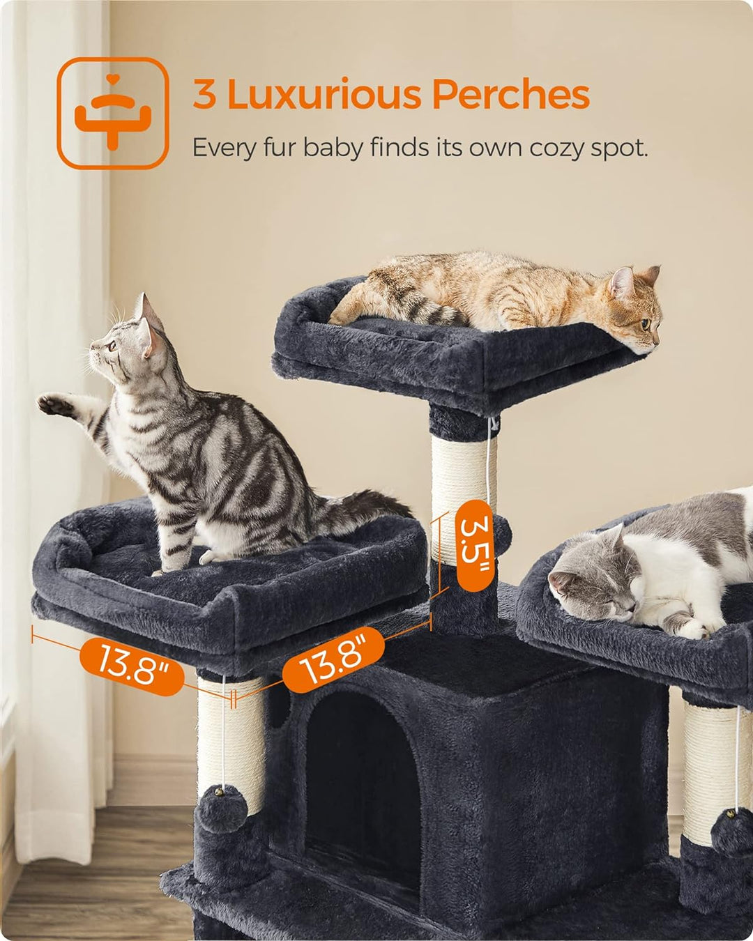 Luxurious 67-Inch Multi-Level Cat Tree for Large Cats - Cozy Perches & Sturdy Design in Smoky Gray