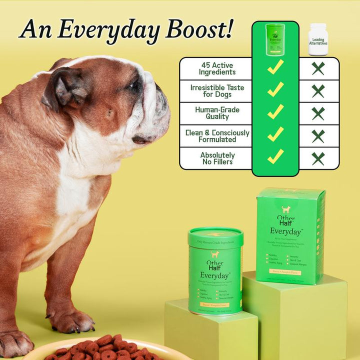 Other Half Everyday - Clean Dog Multivitamin Supplement | 45 Active Ingredients for Hip & Joint Support, Gut & Immune Support and Skin & Seasonal Allergy Support - 60 Scoops Bacon & Pumpkin Flavor
