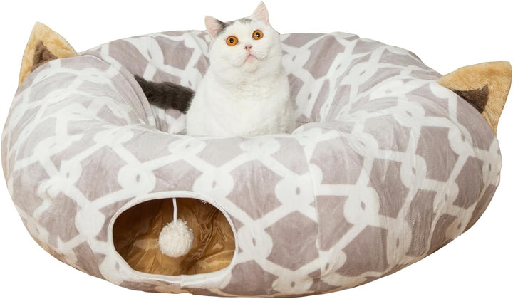Cozy Cat Tunnel Bed with Plush Cover, Fluffy Toy Balls & Cushion - Flexible 3 Ft Design for Cats & Small Dogs - Stylish Gray Geometric Pattern