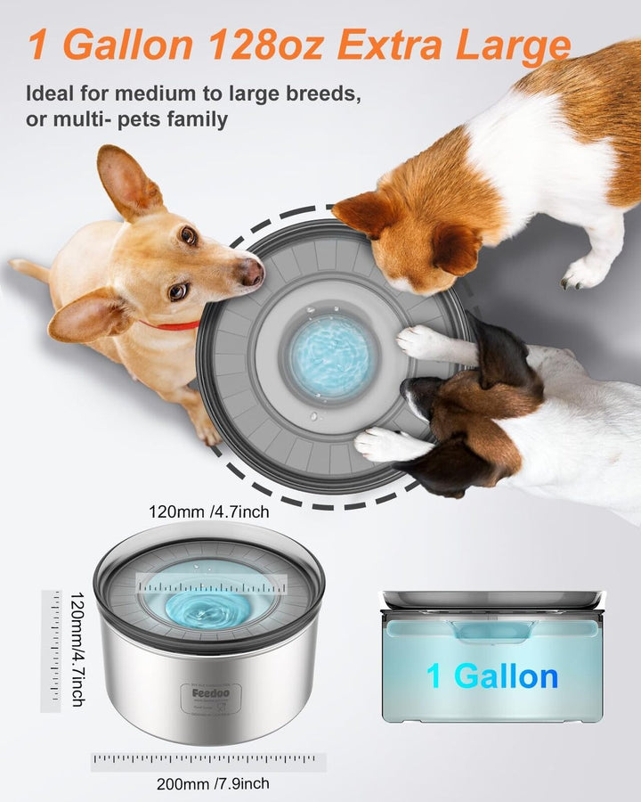 1-Gallon No Spill Stainless Steel Dog Water Bowl - 3.8L Capacity for Mess-Free Hydration