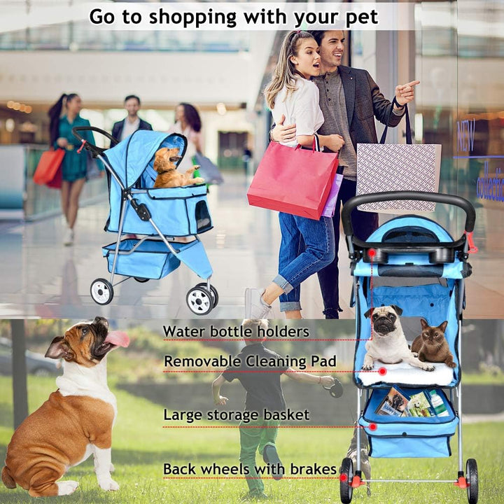 3-Wheel Pet Stroller for Dogs and Cats - Folding Travel Carriage with Cup Holder and Removable Pad