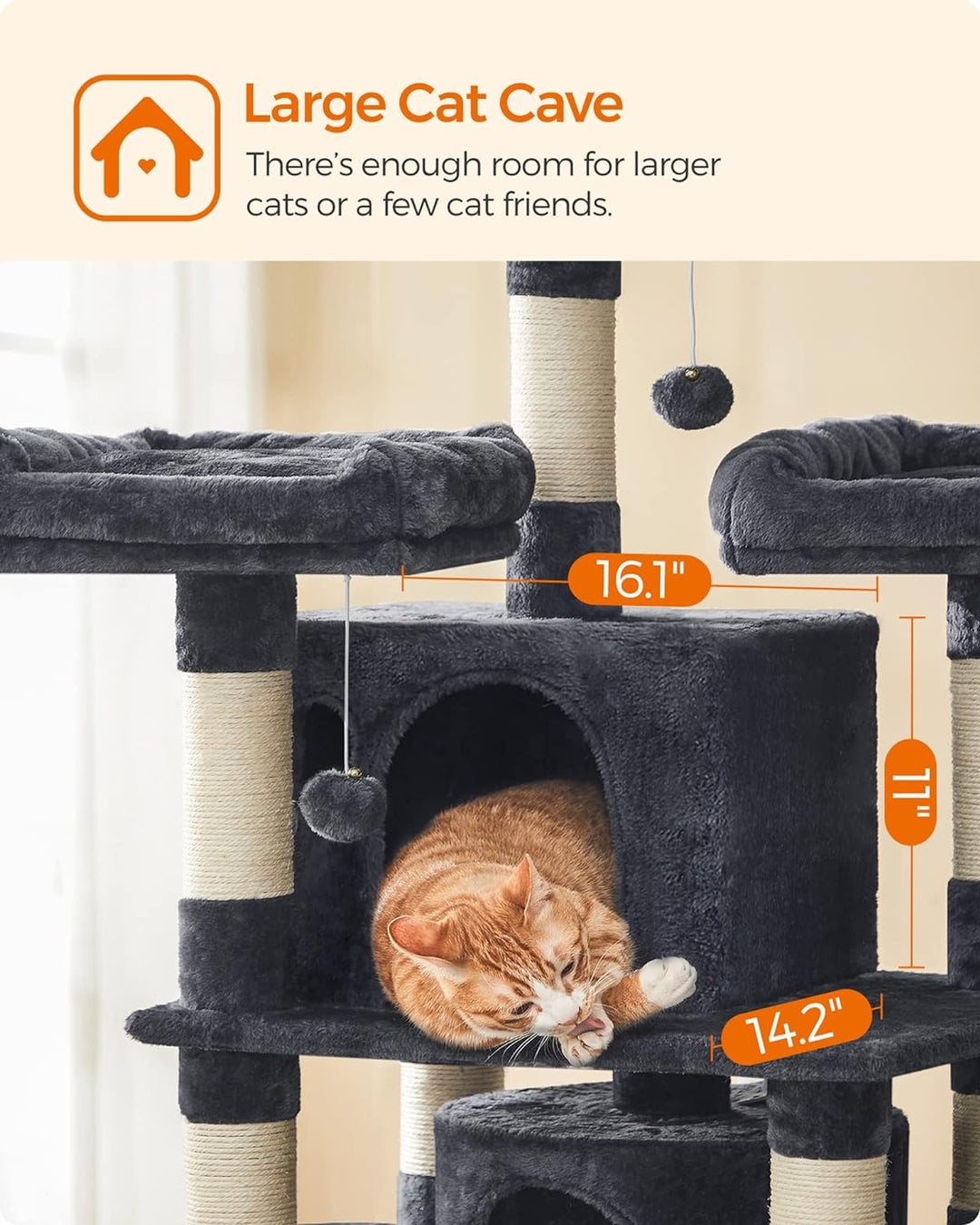 Luxurious 67-Inch Multi-Level Cat Tree for Large Cats - Cozy Perches & Sturdy Design in Smoky Gray