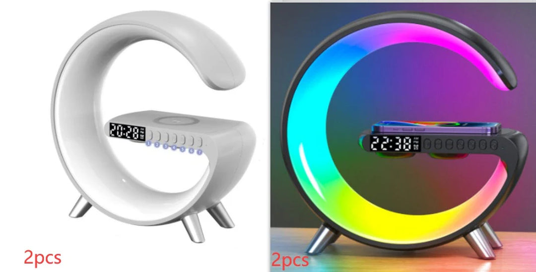Smart G-Shaped LED Lamp with Bluetooth Speaker & Wireless Charger - App-Controlled Atmosphere Light for Bedroom & Home Decor