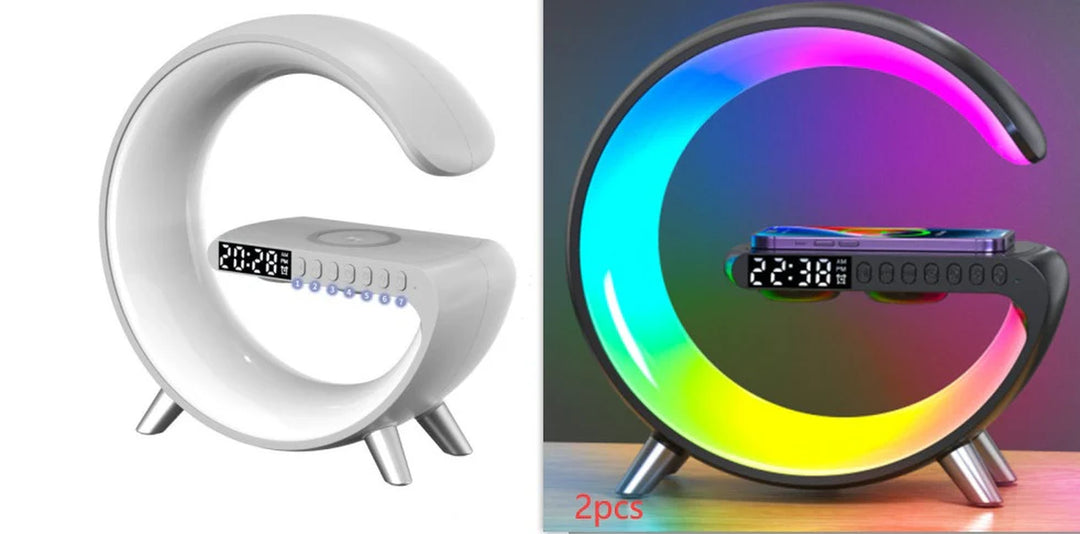 Smart G-Shaped LED Lamp with Bluetooth Speaker & Wireless Charger - App-Controlled Atmosphere Light for Bedroom & Home Decor