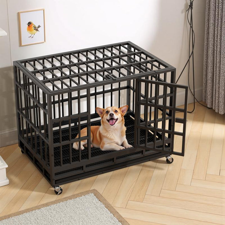 WARCAT Heavy-Duty 48/38-Inch Escape-Proof Metal Dog Crate Kennel for Large Breeds Dual-Door Security, Locking Casters & Slide-Out Tray Indoor/Outdoor Use Chicken Coop Mobile Hen House Outdoor
