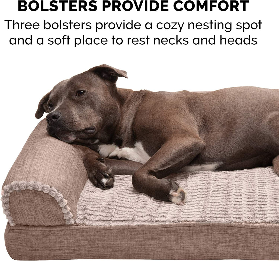 Luxury Cooling Gel Dog Bed with Removable Bolsters & Washable Cover - Perfect for Medium to Large Dogs up to 55 lbs - Stylish Woodsmoke Faux Fur & Performance Linen Design