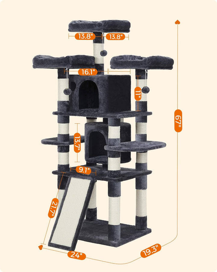 Luxurious 67-Inch Multi-Level Cat Tree for Large Cats - Cozy Perches & Sturdy Design in Smoky Gray