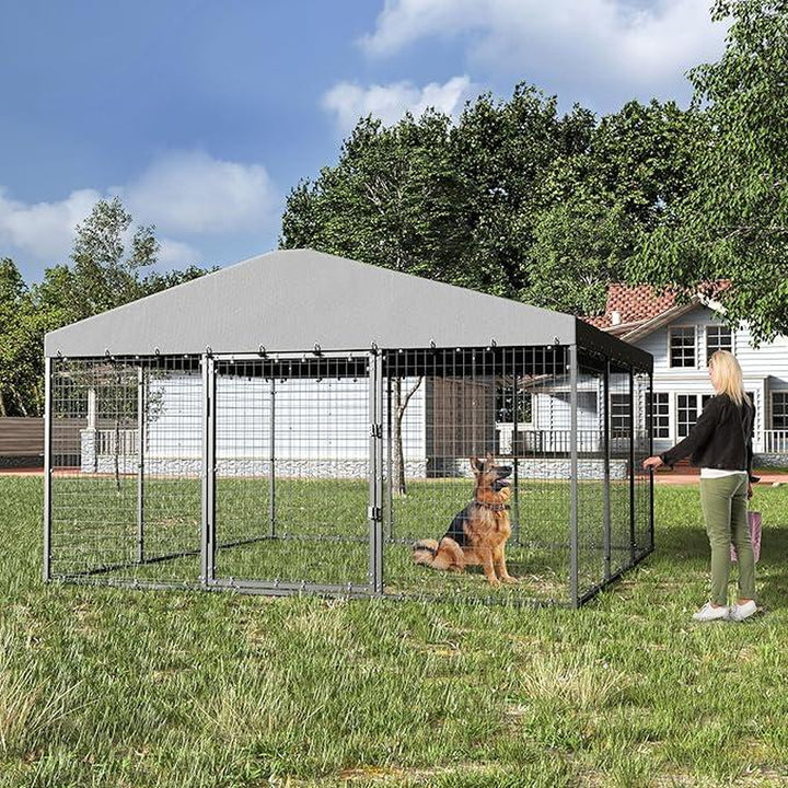 Kullavik Large Outdoor Dog Kennel, Chicken Kennel, 118" X 118" X 70.9", Heavy Duty Dog ​​Cage, Chicken Cage with Roof, Galvanized Steel Dog Kennel Fence with Double Safety Lock