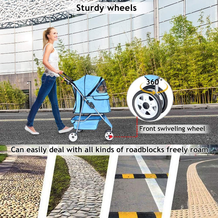 3-Wheel Pet Stroller for Dogs and Cats - Folding Travel Carriage with Cup Holder and Removable Pad
