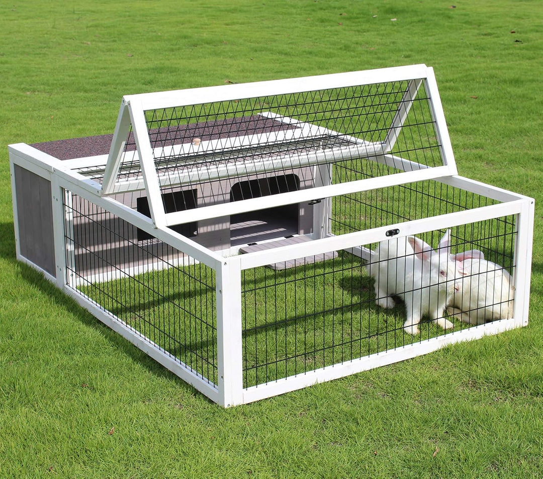 Stylish Wooden Tortoise House & Small Animal Hutch with Run - Indoor/Outdoor Grey & White Trim