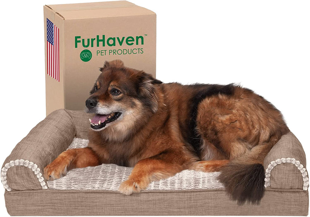 Luxury Cooling Gel Dog Bed with Removable Bolsters & Washable Cover - Perfect for Medium to Large Dogs up to 55 lbs - Stylish Woodsmoke Faux Fur & Performance Linen Design