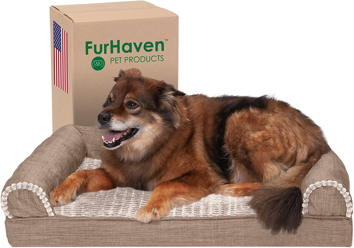 Luxury Cooling Gel Dog Bed with Removable Bolsters & Washable Cover - Perfect for Medium to Large Dogs up to 55 lbs - Stylish Woodsmoke Faux Fur & Performance Linen Design