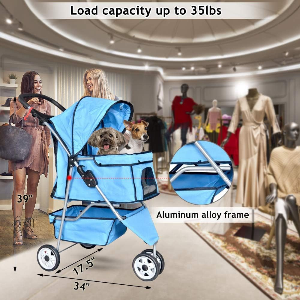 3-Wheel Pet Stroller for Dogs and Cats - Folding Travel Carriage with Cup Holder and Removable Pad