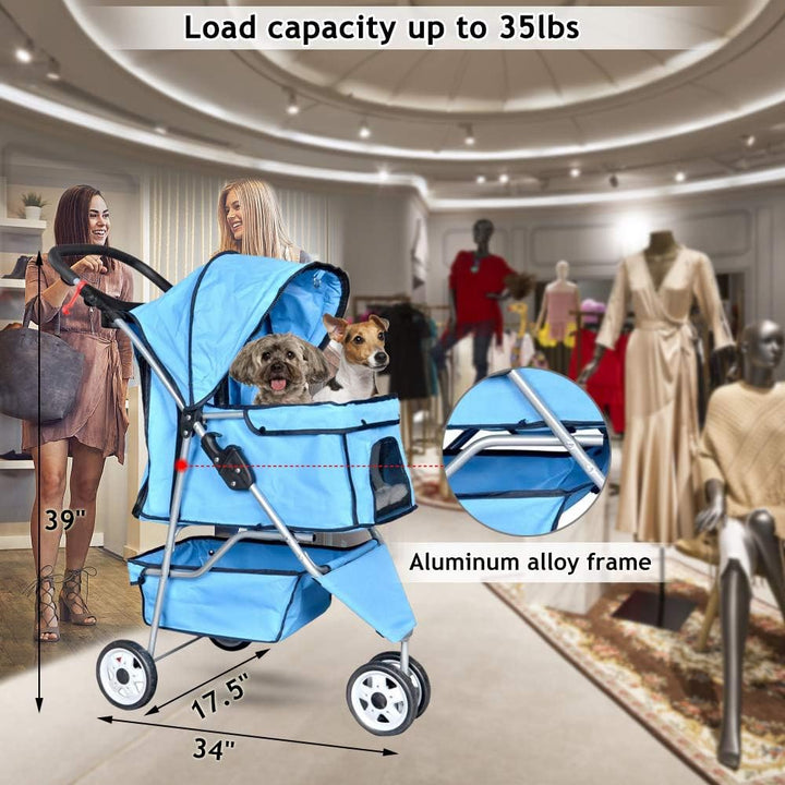 3-Wheel Pet Stroller for Dogs and Cats - Folding Travel Carriage with Cup Holder and Removable Pad