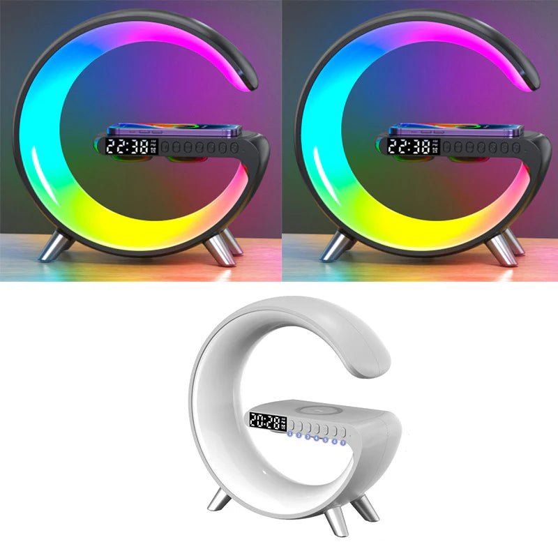 Smart G-Shaped LED Lamp with Bluetooth Speaker & Wireless Charger - App-Controlled Atmosphere Light for Bedroom & Home Decor