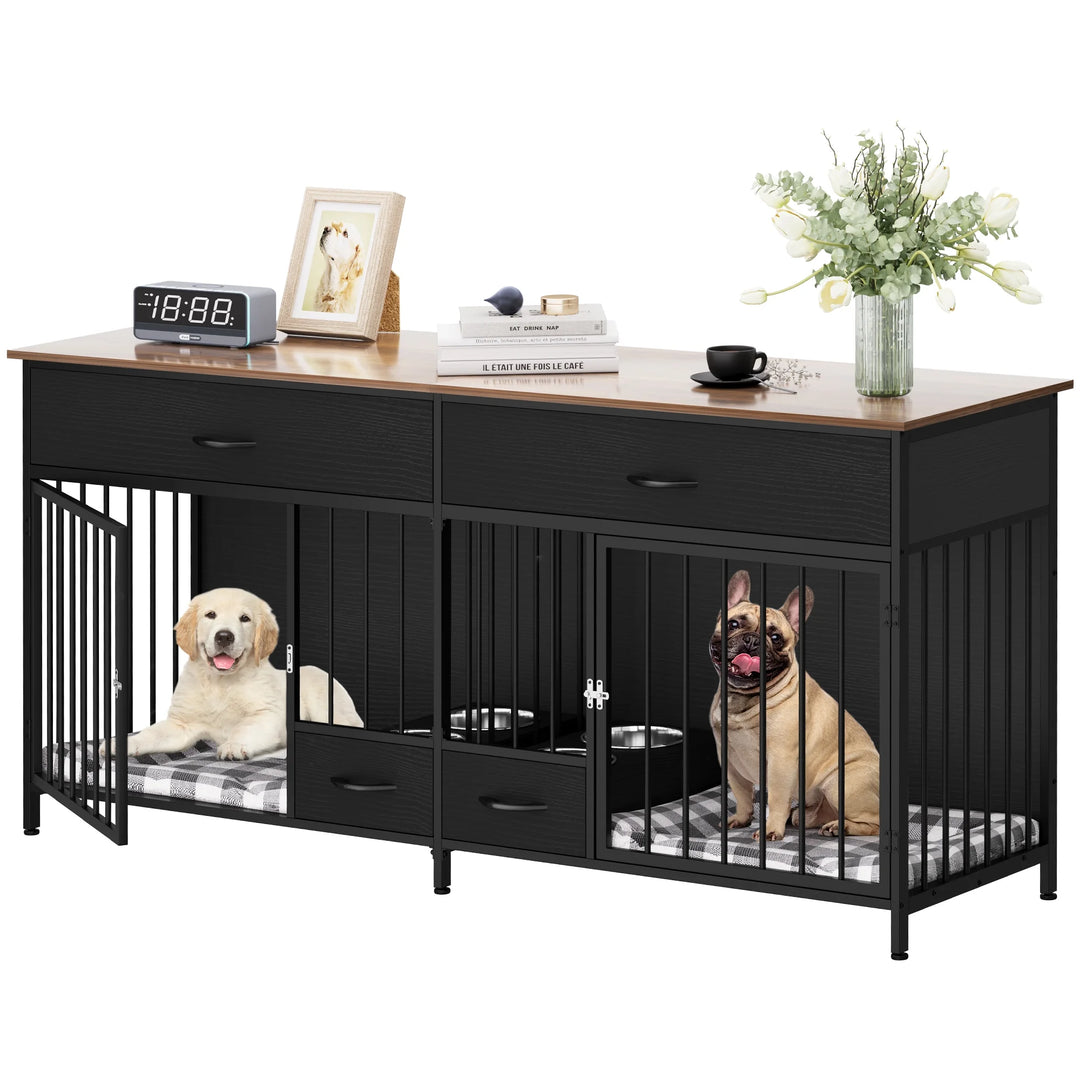 Stylish Double Dog Kennel Furniture with Storage & Feeder for Large Breeds - 74.8" Wooden TV Stand in Black