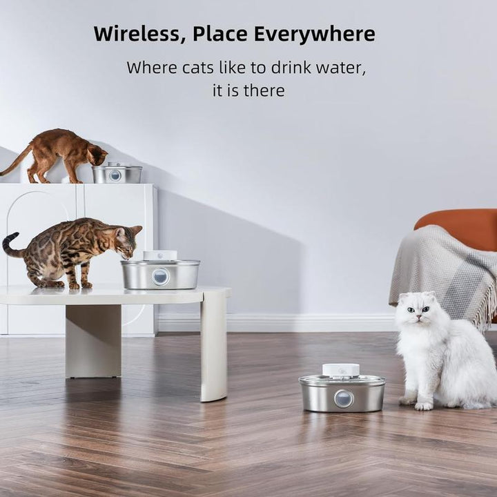 Uahpet Cordless Stainless Steel Cat Water Fountain - 67Oz/2L Easy-Clean Wireless Pet Water Dispenser