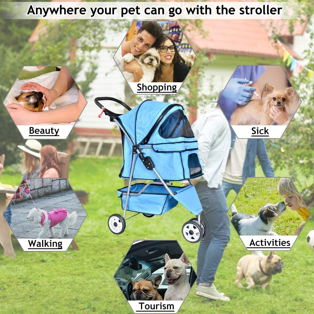 3-Wheel Pet Stroller for Dogs and Cats - Folding Travel Carriage with Cup Holder and Removable Pad