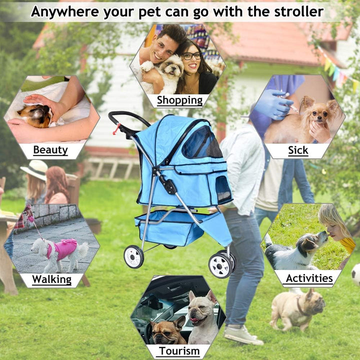 3-Wheel Pet Stroller for Dogs and Cats - Folding Travel Carriage with Cup Holder and Removable Pad