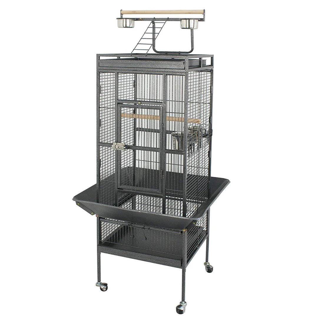 Spacious 61" Rolling Wrought Iron Bird Cage for Parrots and Large Birds - Stylish Black Pet House