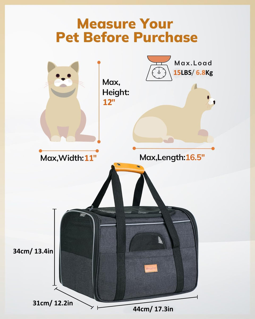 Premium Soft-Sided Cat Carrier for Large Cats & Puppies - Airline Approved, Safety Zippers, Foldable Bowl - Stylish Dark Gray
