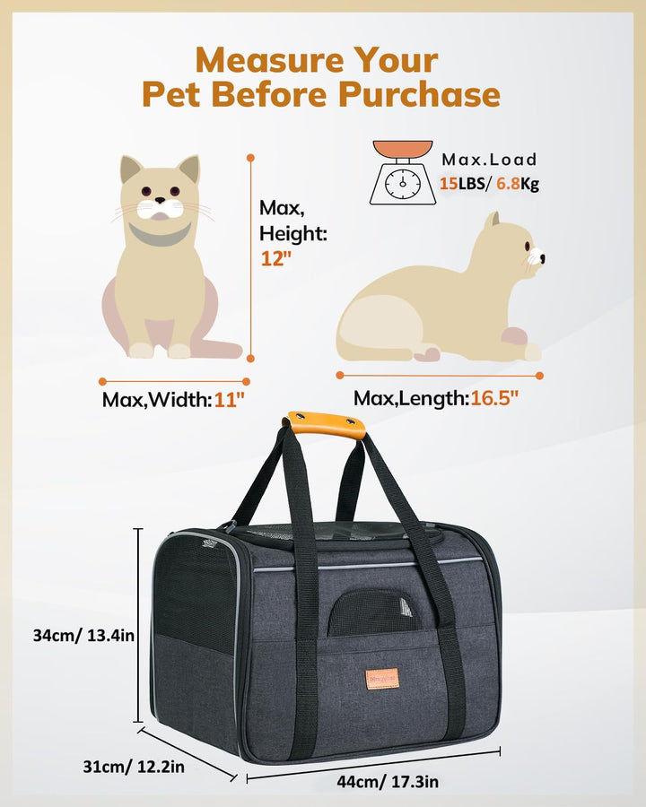 Premium Soft-Sided Cat Carrier for Large Cats & Puppies - Airline Approved, Safety Zippers, Foldable Bowl - Stylish Dark Gray