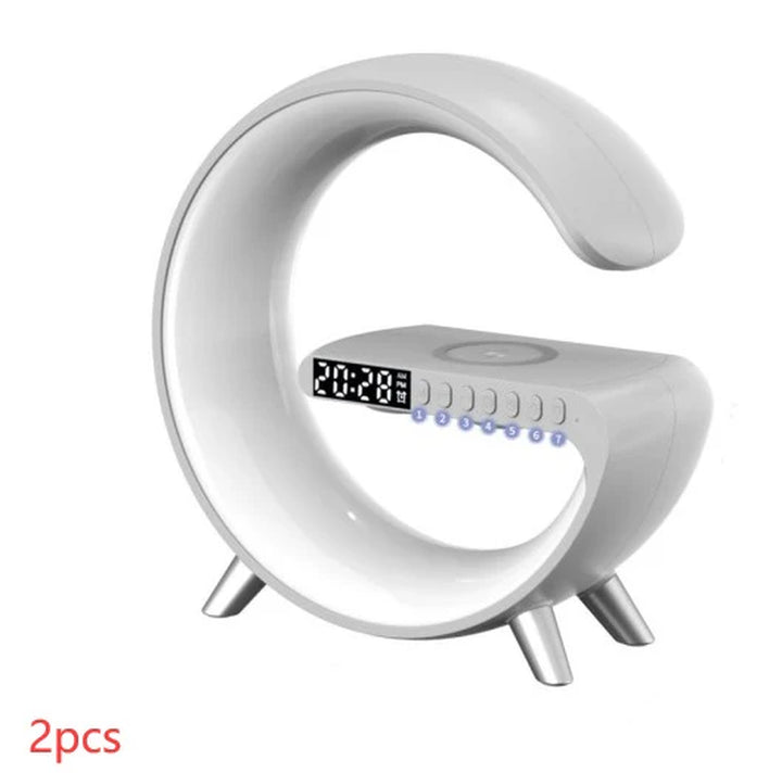 Smart G-Shaped LED Lamp with Bluetooth Speaker & Wireless Charger - App-Controlled Atmosphere Light for Bedroom & Home Decor
