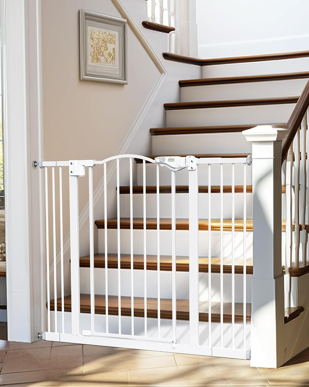 Auto-Close Baby Gate for Stairs - 29-39.6" Adjustable Safety Gate for Pets, One-Hand Opening, 30" Tall, No Drill Wall Pressure Mount - White