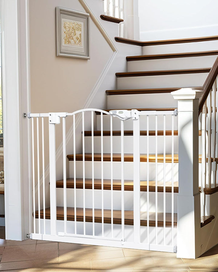 Auto-Close Baby Gate for Stairs - 29-39.6" Adjustable Safety Gate for Pets, One-Hand Opening, 30" Tall, No Drill Wall Pressure Mount - White