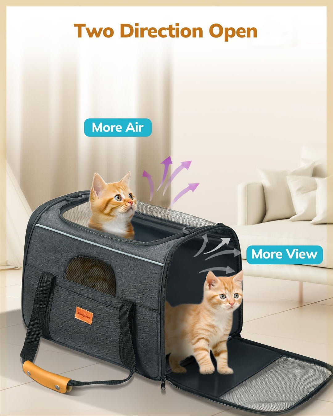 Premium Soft-Sided Cat Carrier for Large Cats & Puppies - Airline Approved, Safety Zippers, Foldable Bowl - Stylish Dark Gray