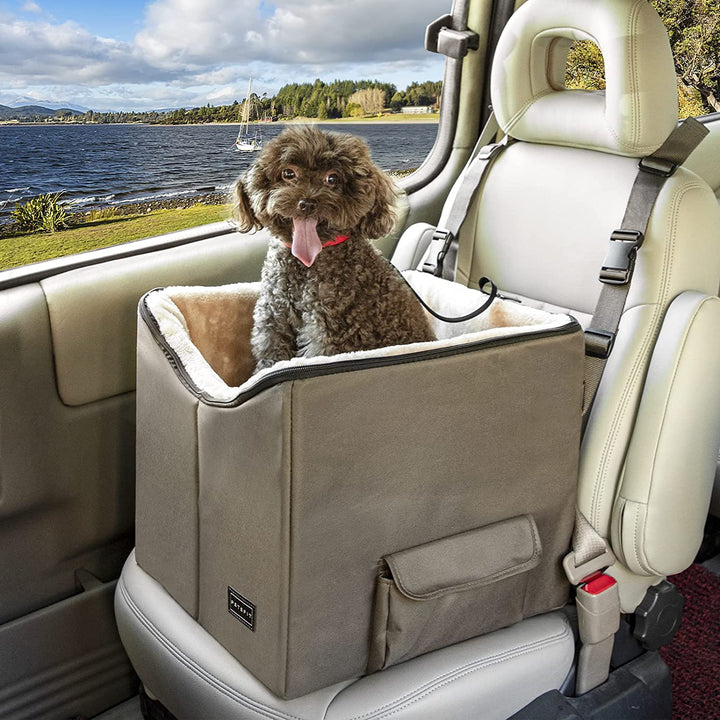 Cozy Dark Brown Dog/Cat Booster Seat with Pockets - Perfect for Small Pets in Cars, Trucks, and SUVs