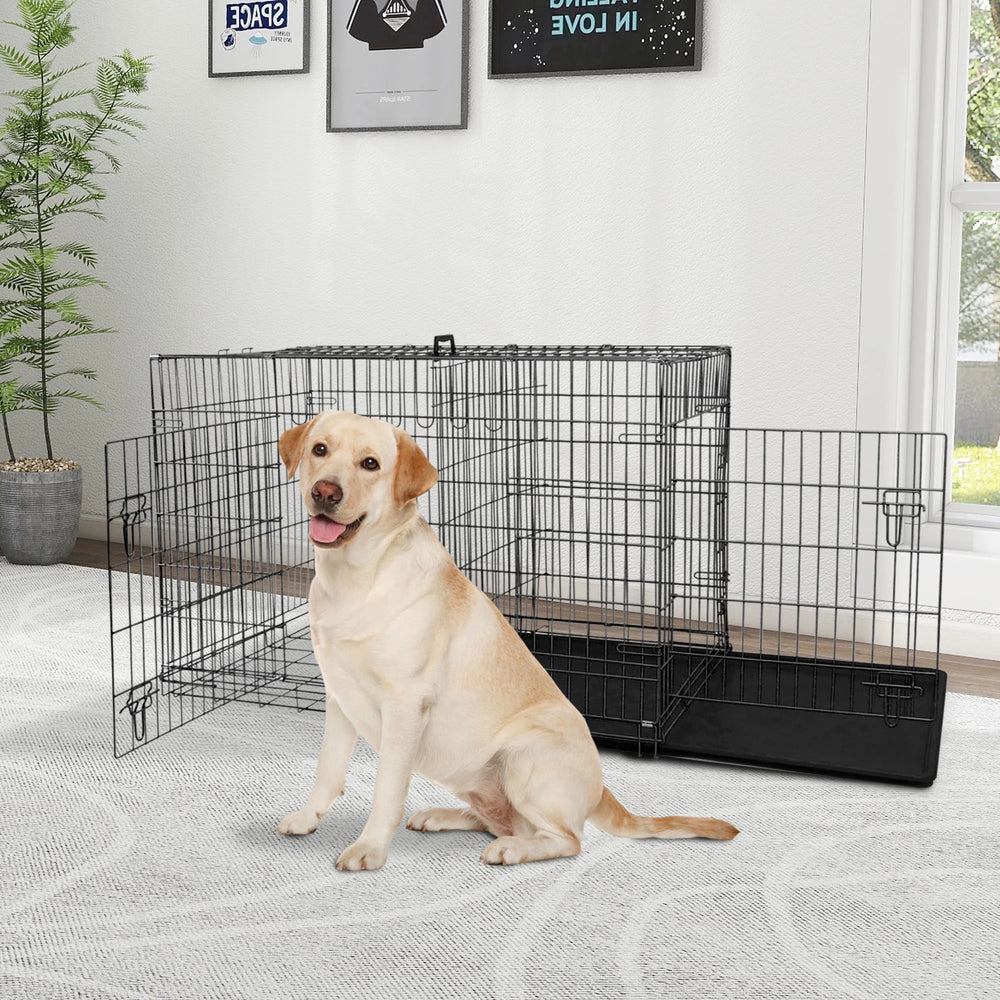 Large 42 Inch Foldable Dog Crate with Double Doors, Handle & Plastic Tray - Perfect for Medium to Large Dogs - Durable Outdoor Metal Wire Kennel in Black