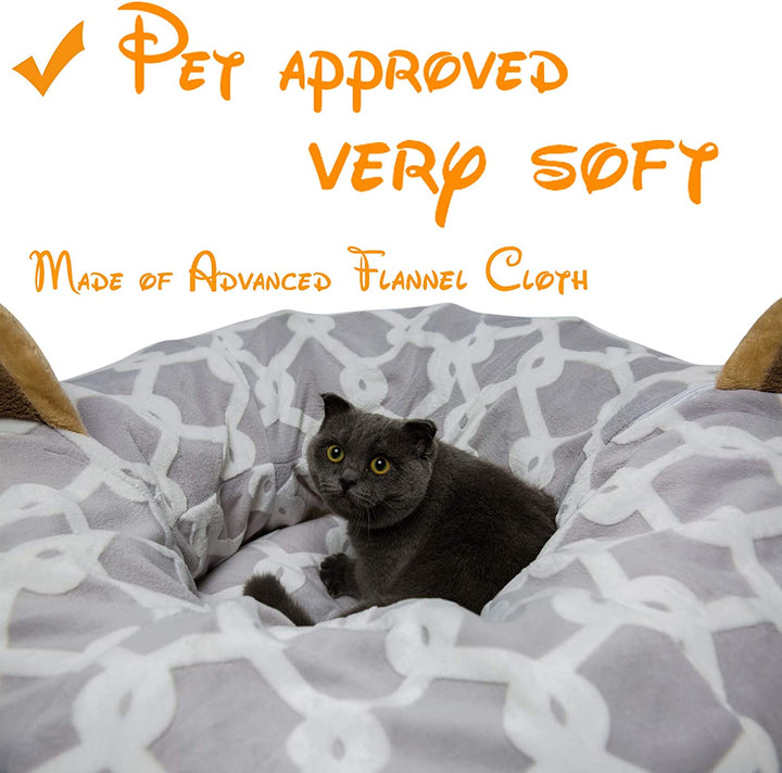 Cozy Cat Tunnel Bed with Plush Cover, Fluffy Toy Balls & Cushion - Flexible 3 Ft Design for Cats & Small Dogs - Stylish Gray Geometric Pattern