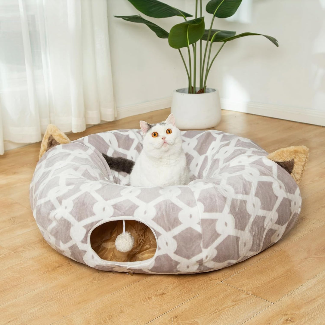 Cozy Cat Tunnel Bed with Plush Cover, Fluffy Toy Balls & Cushion - Flexible 3 Ft Design for Cats & Small Dogs - Stylish Gray Geometric Pattern