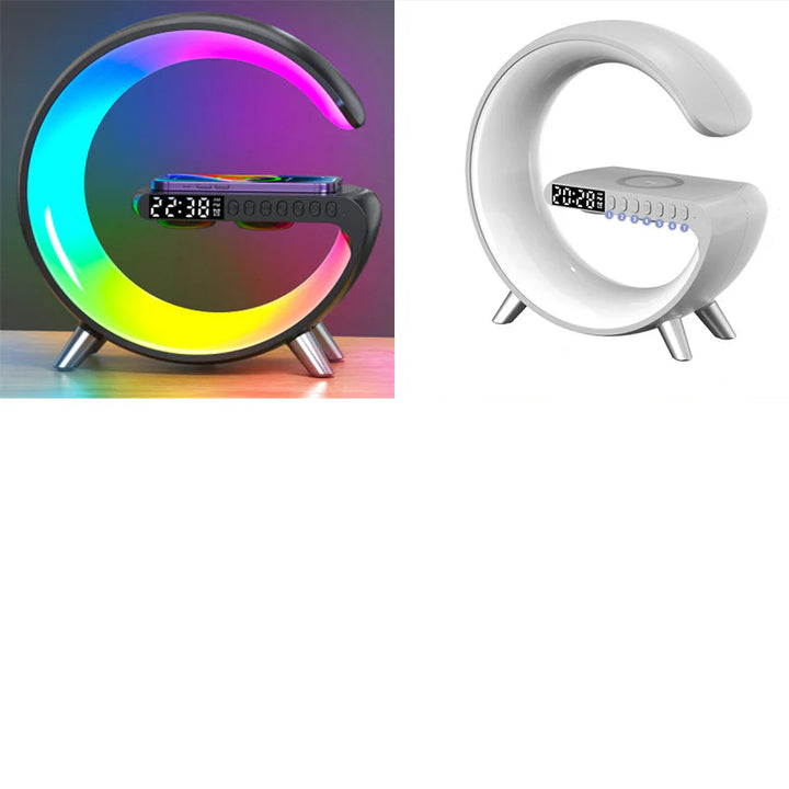 Smart G-Shaped LED Lamp with Bluetooth Speaker & Wireless Charger - App-Controlled Atmosphere Light for Bedroom & Home Decor