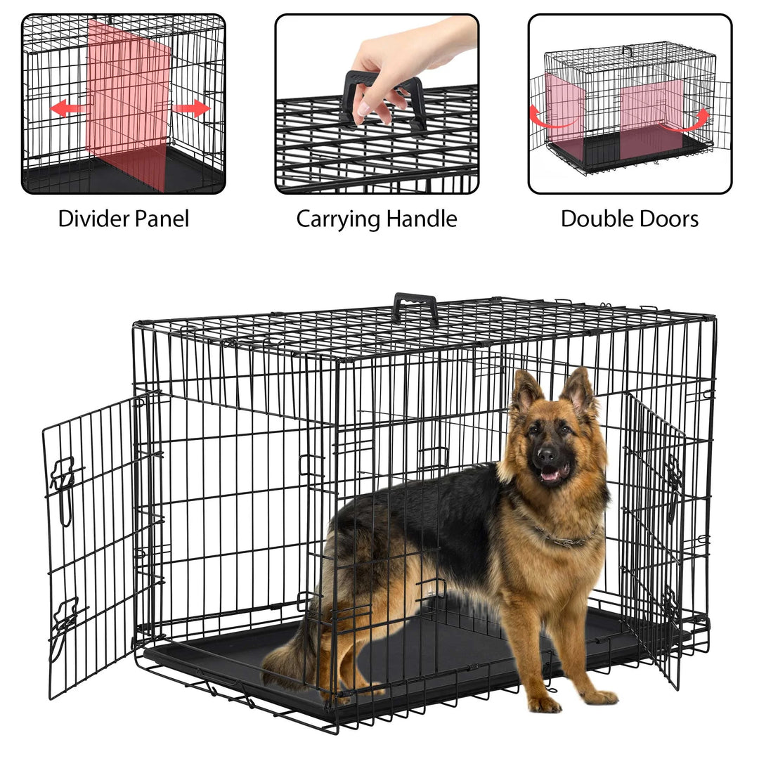 Large 42 Inch Foldable Dog Crate with Double Doors, Handle & Plastic Tray - Perfect for Medium to Large Dogs - Durable Outdoor Metal Wire Kennel in Black