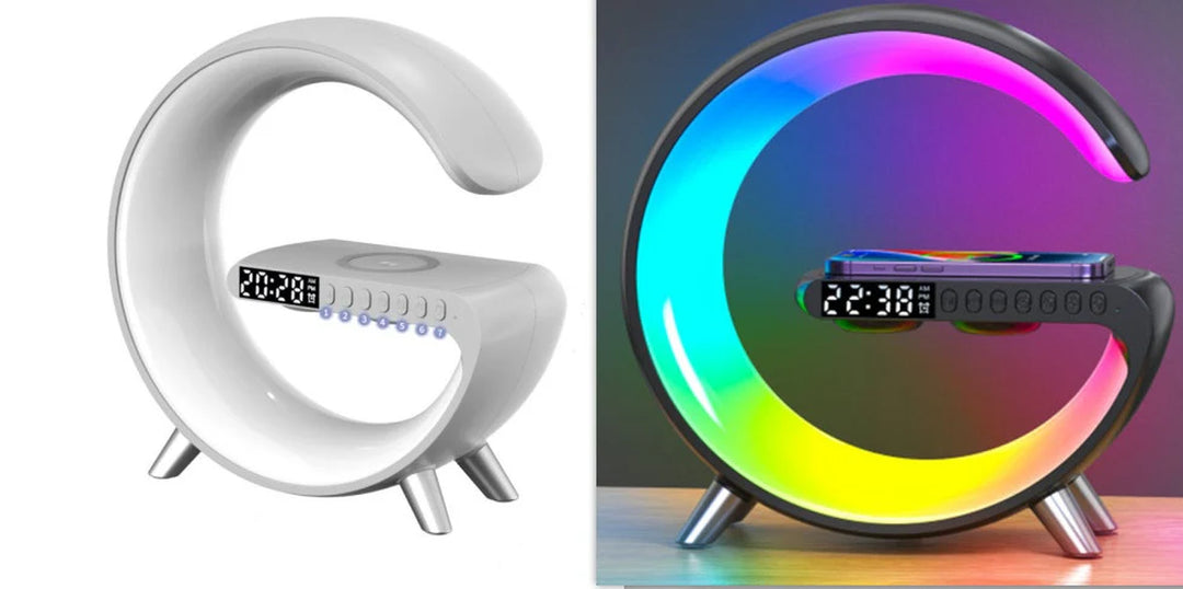 Smart G-Shaped LED Lamp with Bluetooth Speaker & Wireless Charger - App-Controlled Atmosphere Light for Bedroom & Home Decor