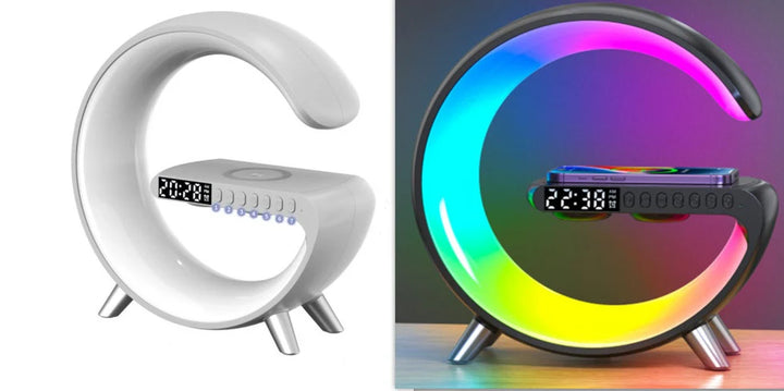 Smart G-Shaped LED Lamp with Bluetooth Speaker & Wireless Charger - App-Controlled Atmosphere Light for Bedroom & Home Decor